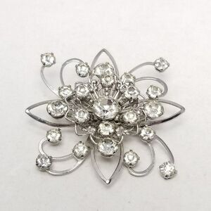 Vintage Rhinestone Flower Snowflake Starburst Brooch, Silver Tone Retro Pin